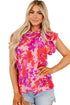 Floral Print Frilled Mock Neck Flutter Sleeve Blouse