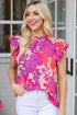 Floral Print Frilled Mock Neck Flutter Sleeve Blouse
