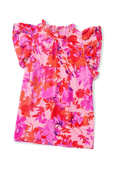 Floral Print Frilled Mock Neck Flutter Sleeve Blouse