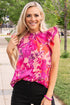 Floral Print Frilled Mock Neck Flutter Sleeve Blouse