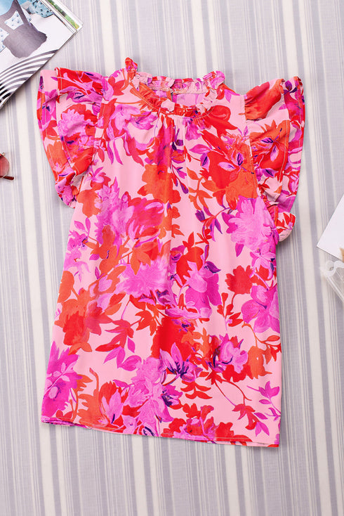 Floral Print Frilled Mock Neck Flutter Sleeve Blouse