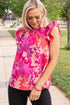 Floral Print Frilled Mock Neck Flutter Sleeve Blouse