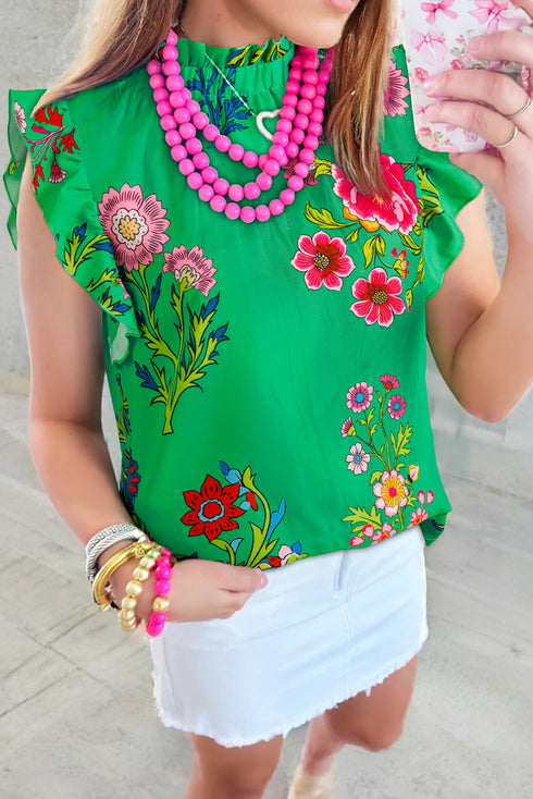 Floral Print Frilled Mock Neck Flutter Sleeve Blouse