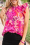Floral Print Frilled Mock Neck Flutter Sleeve Blouse
