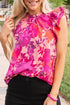Floral Print Frilled Mock Neck Flutter Sleeve Blouse