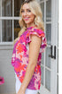 Floral Print Frilled Mock Neck Flutter Sleeve Blouse