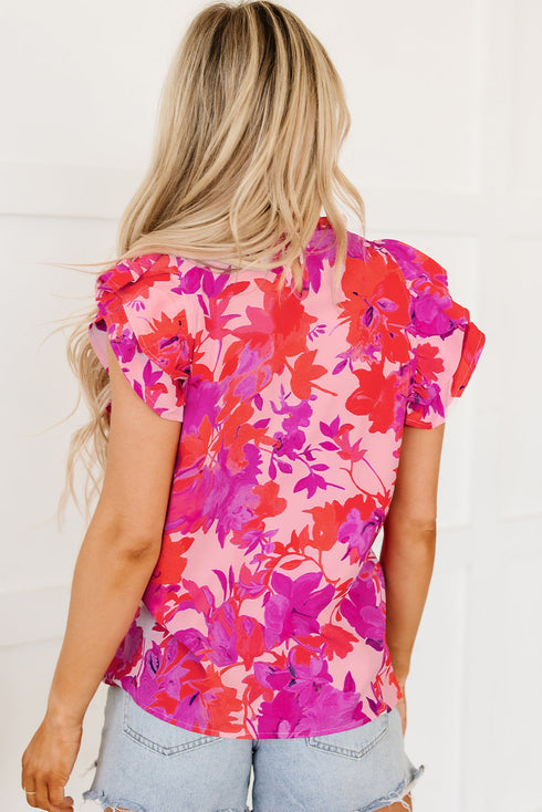 Floral Print Frilled Mock Neck Flutter Sleeve Blouse