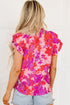 Floral Print Frilled Mock Neck Flutter Sleeve Blouse