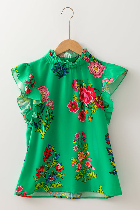 Floral Print Frilled Mock Neck Flutter Sleeve Blouse