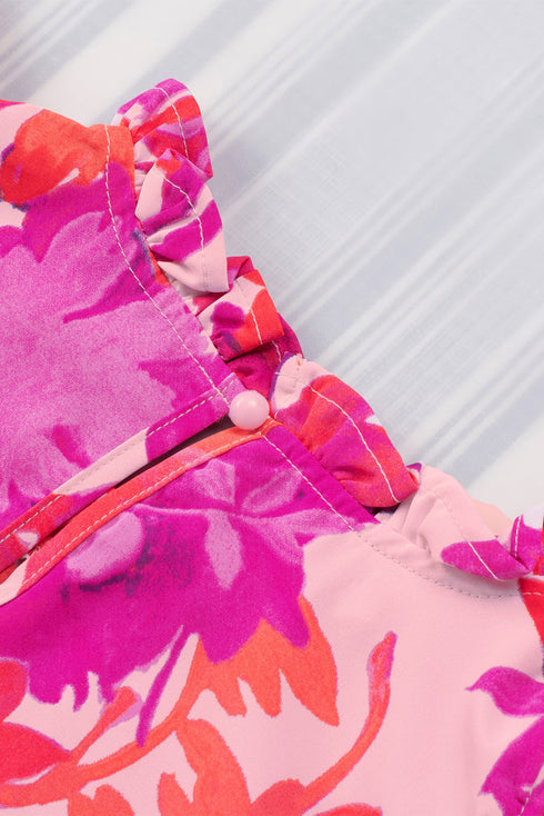 Floral Print Frilled Mock Neck Flutter Sleeve Blouse
