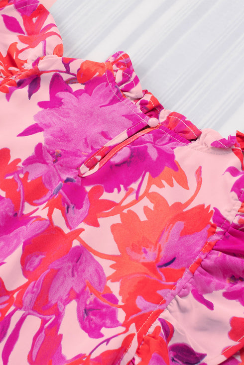 Floral Print Frilled Mock Neck Flutter Sleeve Blouse