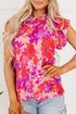 Floral Print Frilled Mock Neck Flutter Sleeve Blouse