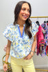 Floral Print Frilled Sleeve Notched Neck Cotton Blend Blouse