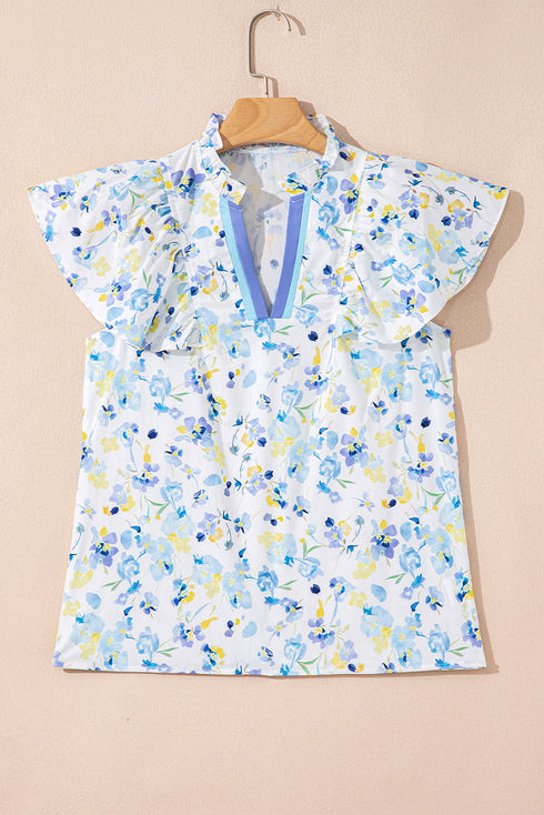 Floral Print Frilled Sleeve Notched Neck Cotton Blend Blouse