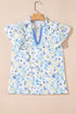 Floral Print Frilled Sleeve Notched Neck Cotton Blend Blouse