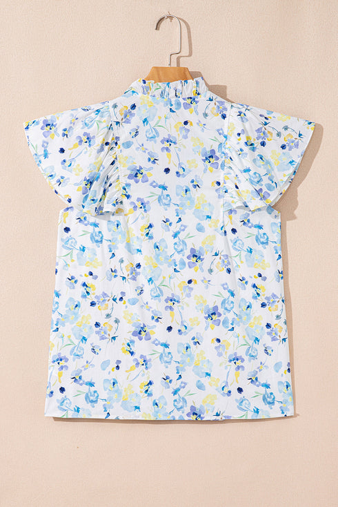 Floral Print Frilled Sleeve Notched Neck Cotton Blend Blouse