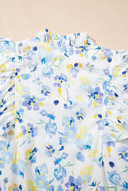 Floral Print Frilled Sleeve Notched Neck Cotton Blend Blouse