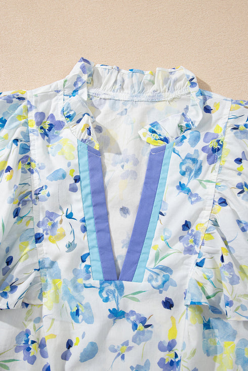 Floral Print Frilled Sleeve Notched Neck Cotton Blend Blouse