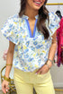Floral Print Frilled Sleeve Notched Neck Cotton Blend Blouse