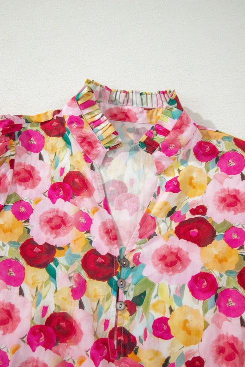 Floral Print Frilled V Neck Puff Sleeve Blouse