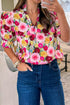Floral Print Frilled V Neck Puff Sleeve Blouse