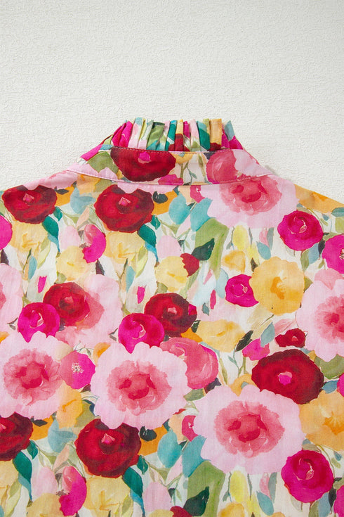 Floral Print Frilled V Neck Puff Sleeve Blouse