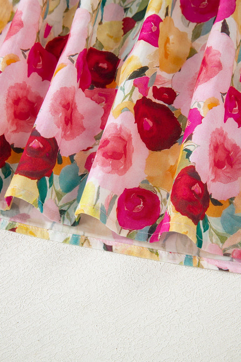 Floral Print Frilled V Neck Puff Sleeve Blouse