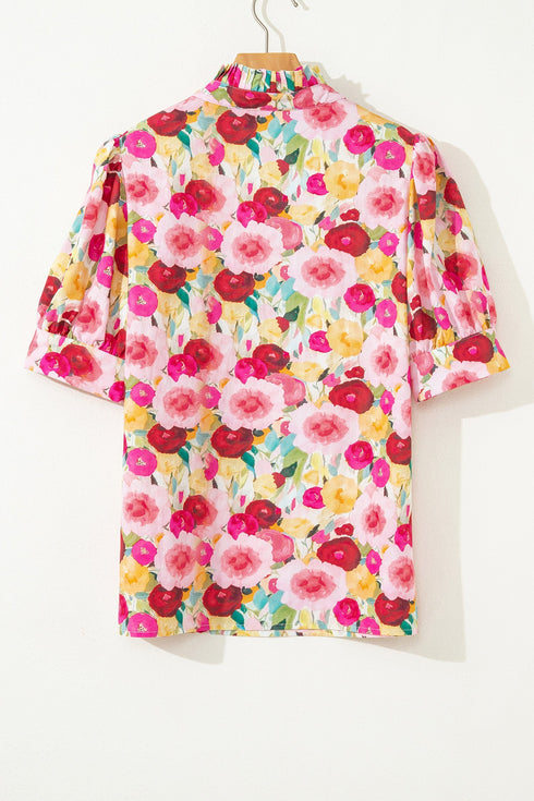 Floral Print Frilled V Neck Puff Sleeve Blouse