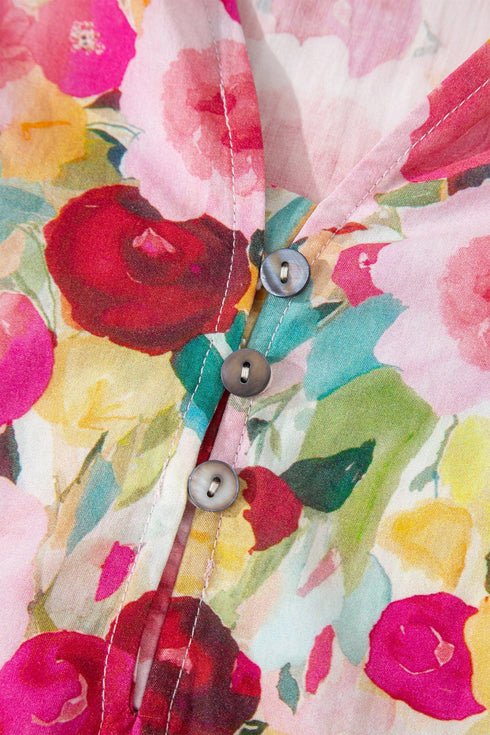 Floral Print Frilled V Neck Puff Sleeve Blouse