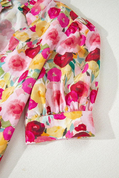 Floral Print Frilled V Neck Puff Sleeve Blouse