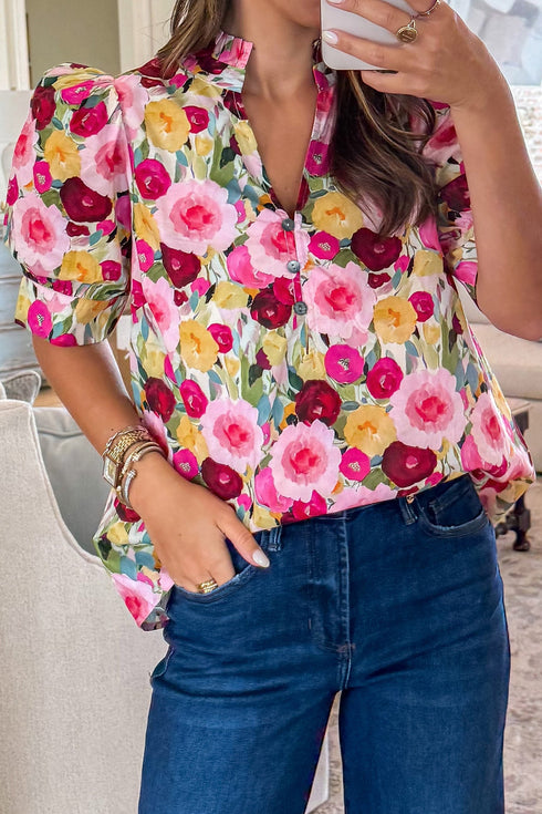 Floral Print Frilled V Neck Puff Sleeve Blouse