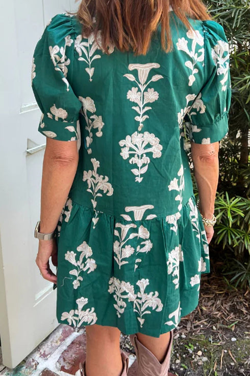 Floral Print Frilled V Neck Puff Sleeve Dress