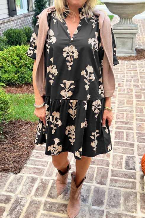 Floral Print Frilled V Neck Puff Sleeve Dress