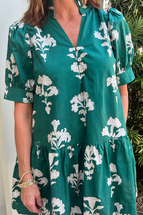 Floral Print Frilled V Neck Puff Sleeve Dress