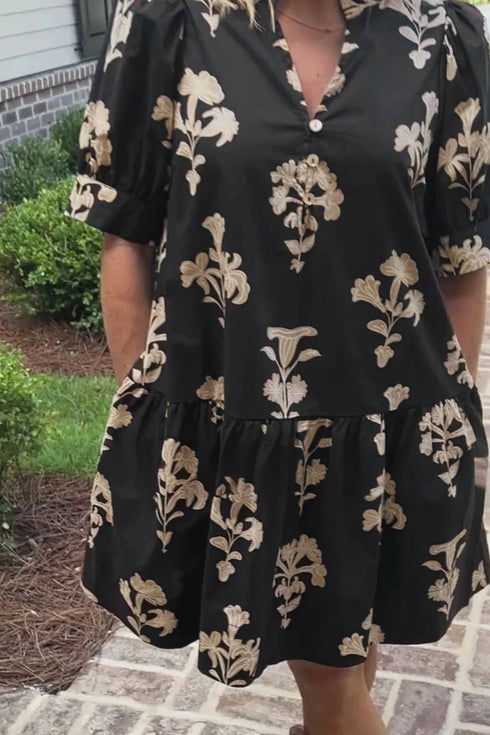 Floral Print Frilled V Neck Puff Sleeve Dress