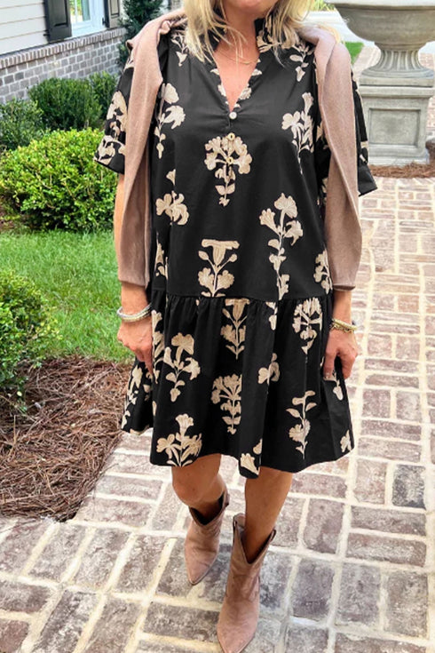 Floral Print Frilled V Neck Puff Sleeve Dress