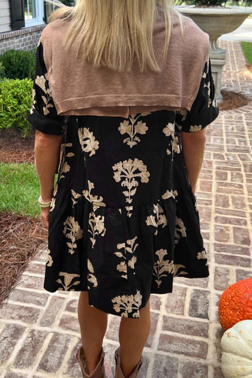 Floral Print Frilled V Neck Puff Sleeve Dress