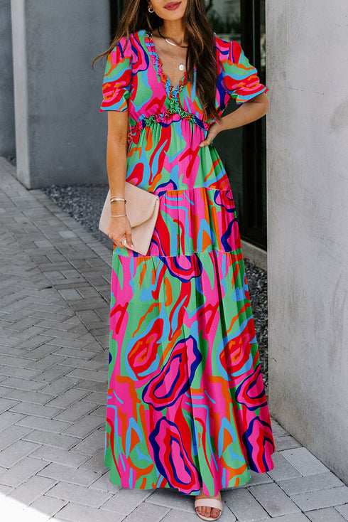 Floral Print Frilled V Neck Short Sleeve Maxi Dress
