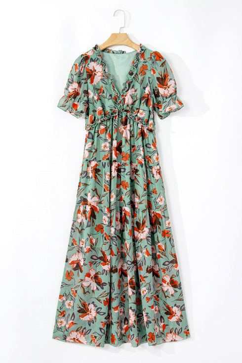 Floral Print Frilled V Neck Short Sleeve Maxi Dress