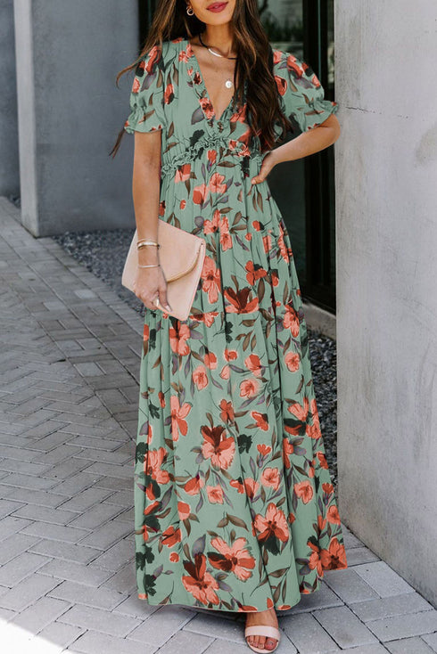 Floral Print Frilled V Neck Short Sleeve Maxi Dress