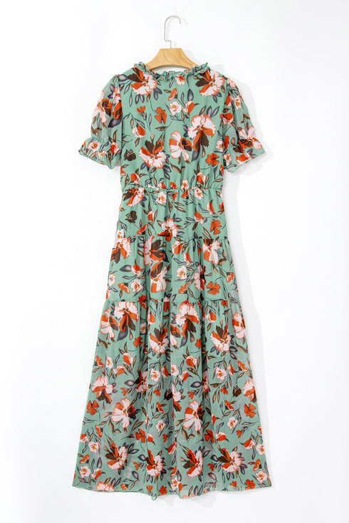Floral Print Frilled V Neck Short Sleeve Maxi Dress