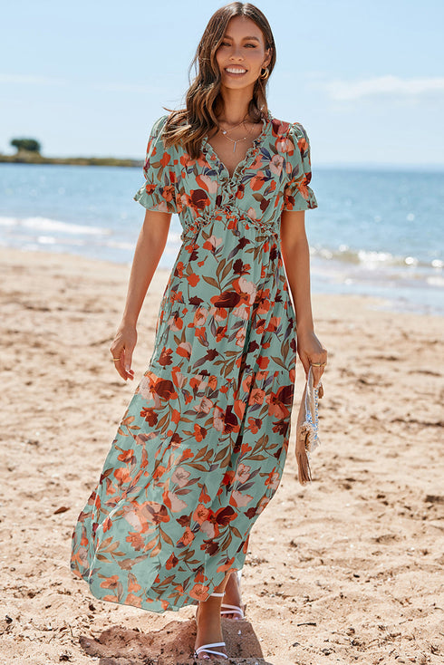 Floral Print Frilled V Neck Short Sleeve Maxi Dress