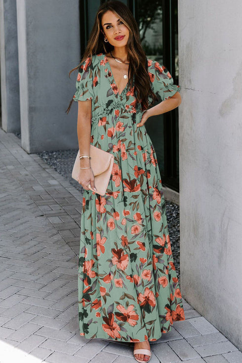 Floral Print Frilled V Neck Short Sleeve Maxi Dress