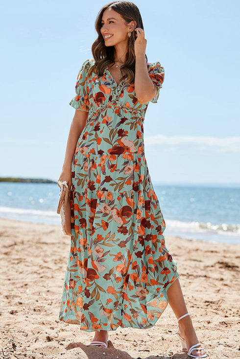 Floral Print Frilled V Neck Short Sleeve Maxi Dress