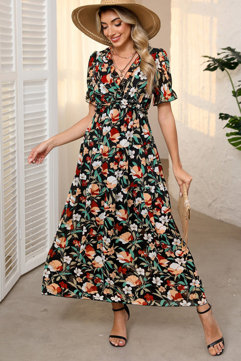 Floral Print Frilled V Neck Short Sleeve Maxi Dress