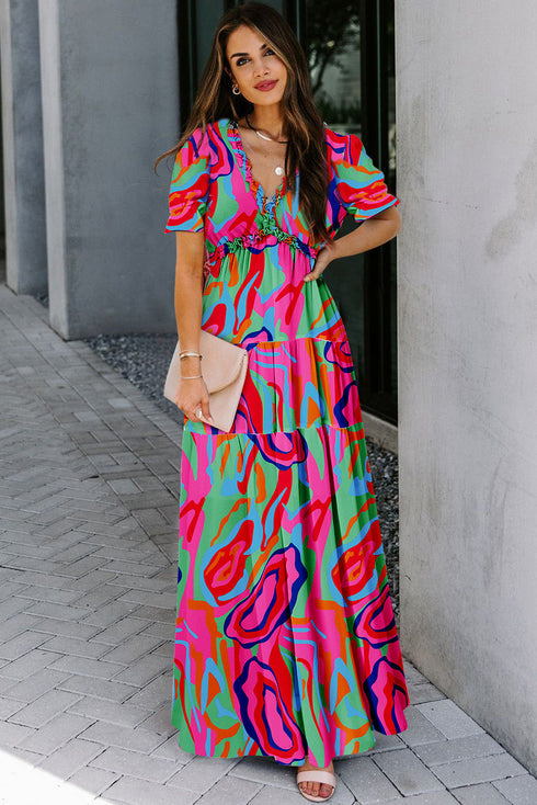Floral Print Frilled V Neck Short Sleeve Maxi Dress