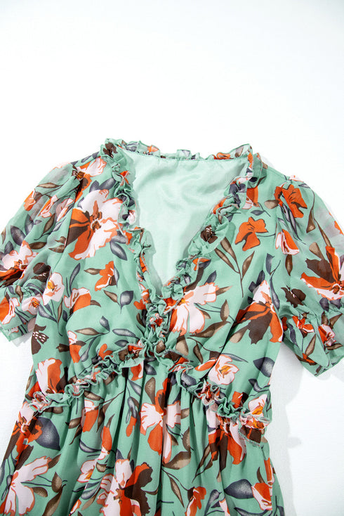 Floral Print Frilled V Neck Short Sleeve Maxi Dress