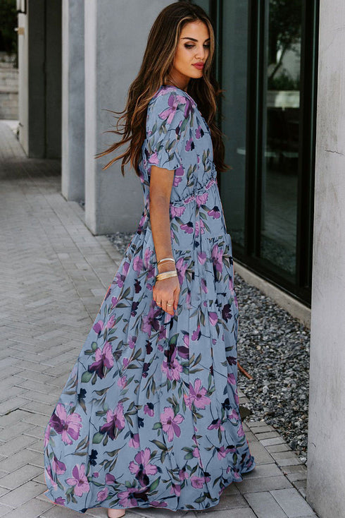 Floral Print Frilled V Neck Short Sleeve Maxi Dress