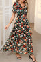 Floral Print Frilled V Neck Short Sleeve Maxi Dress