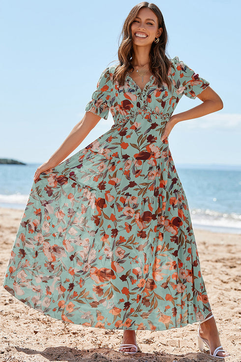 Floral Print Frilled V Neck Short Sleeve Maxi Dress
